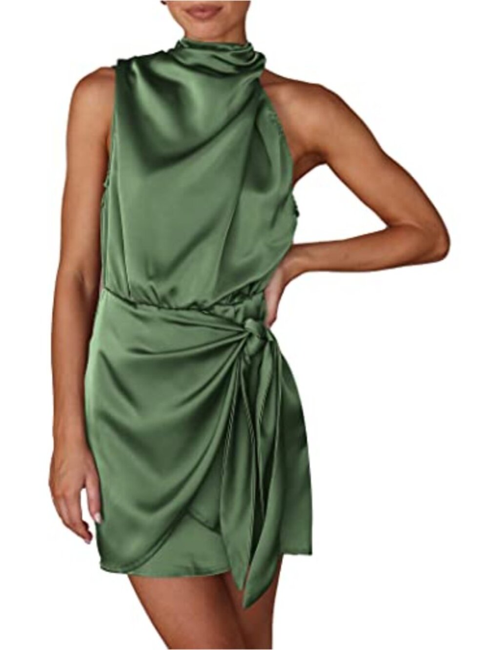 Women's Satin Cocktail Dress Mock Neck Tie Waist Sleeveless